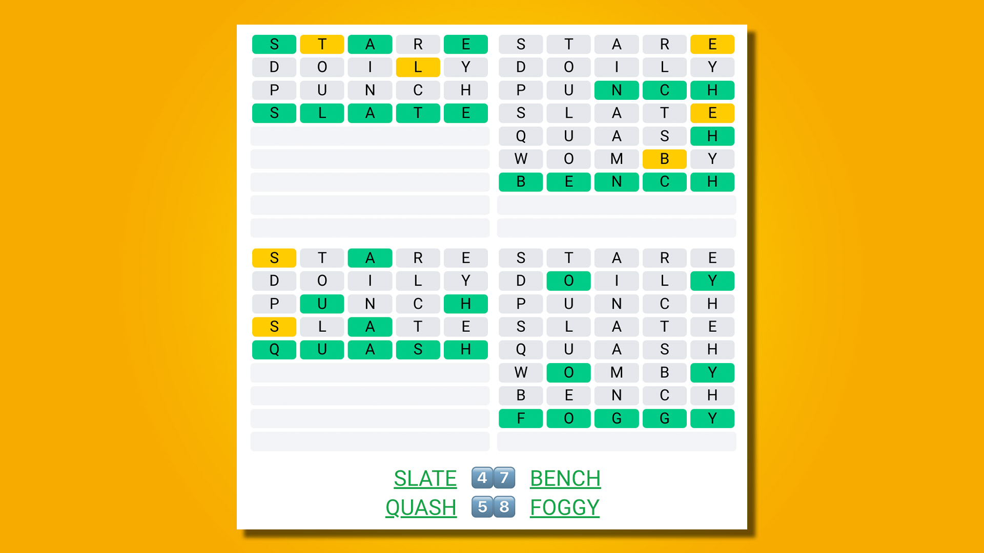 Quordle 447 réponses sur fond jaune