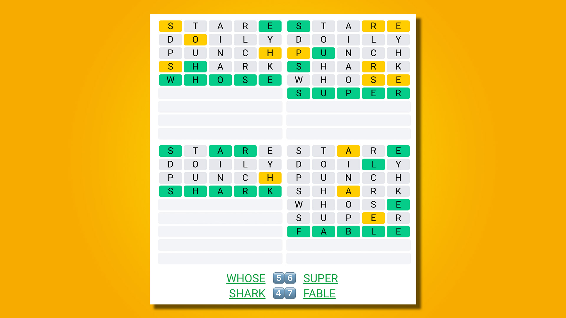 Quordle 433 réponses sur fond jaune