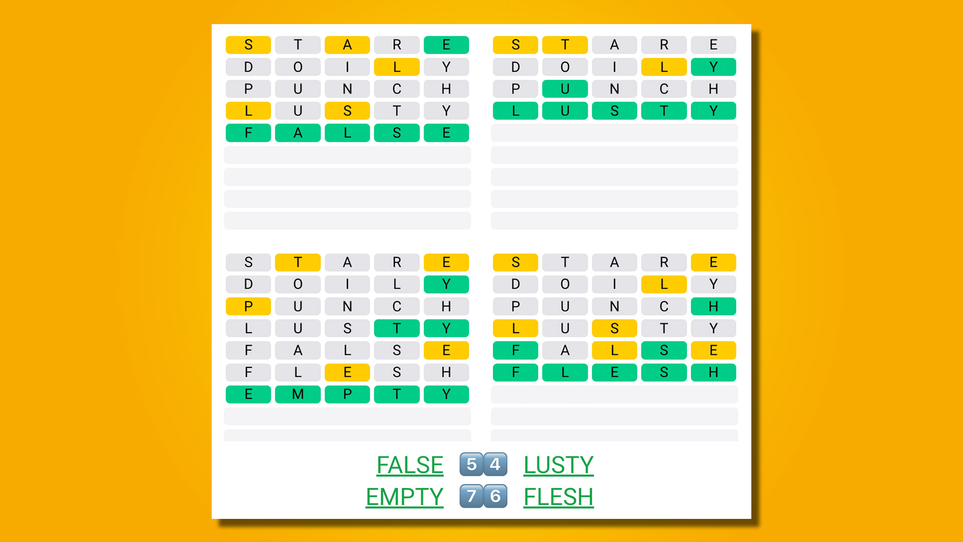 Quordle 454 réponses sur fond jaune