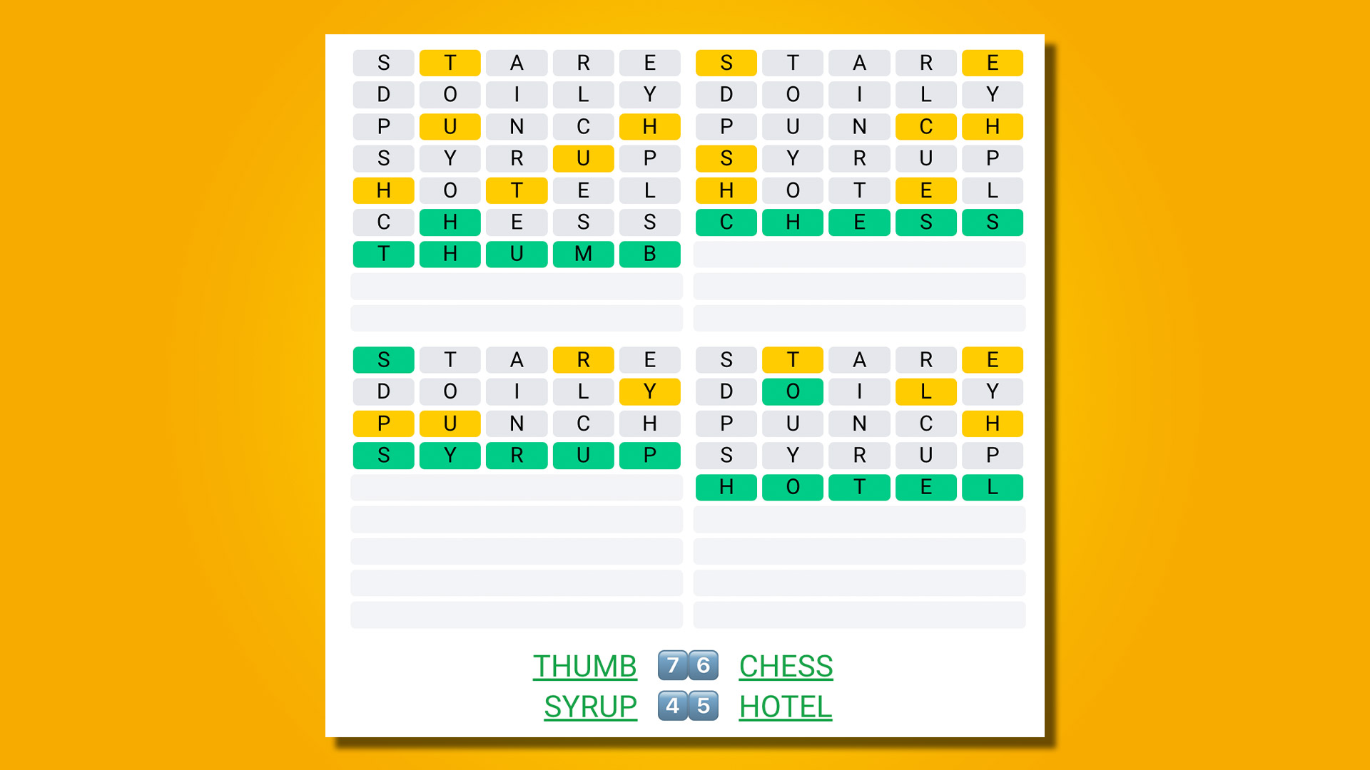 Quordle 441 réponses sur fond jaune