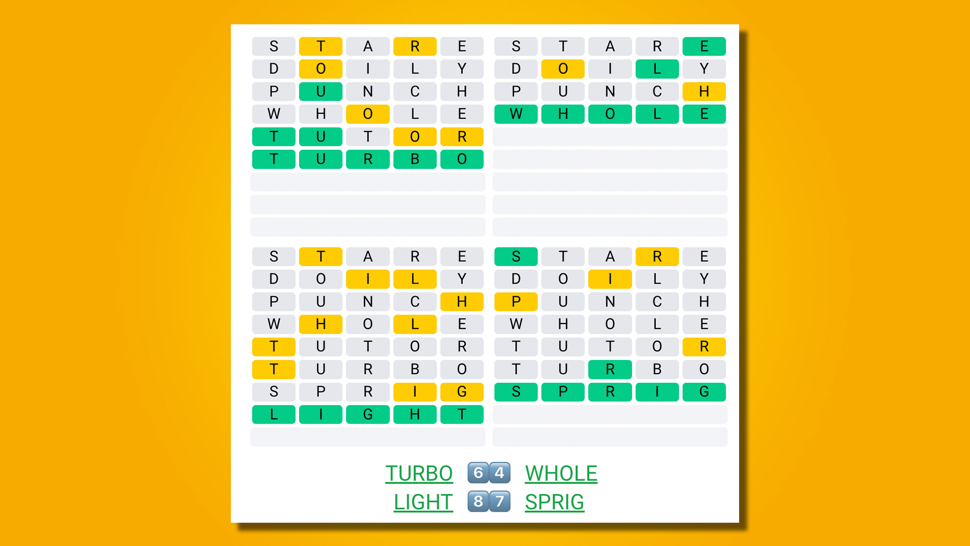 Quordle 434 réponses sur fond jaune