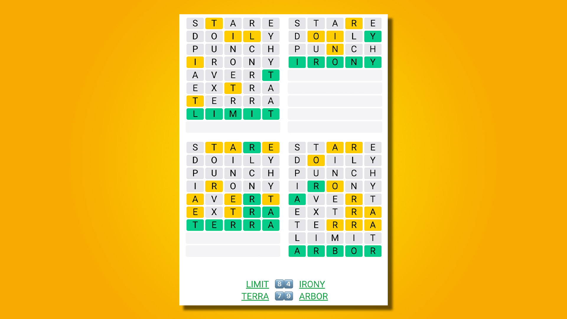 Quordle 453 réponses sur fond jaune