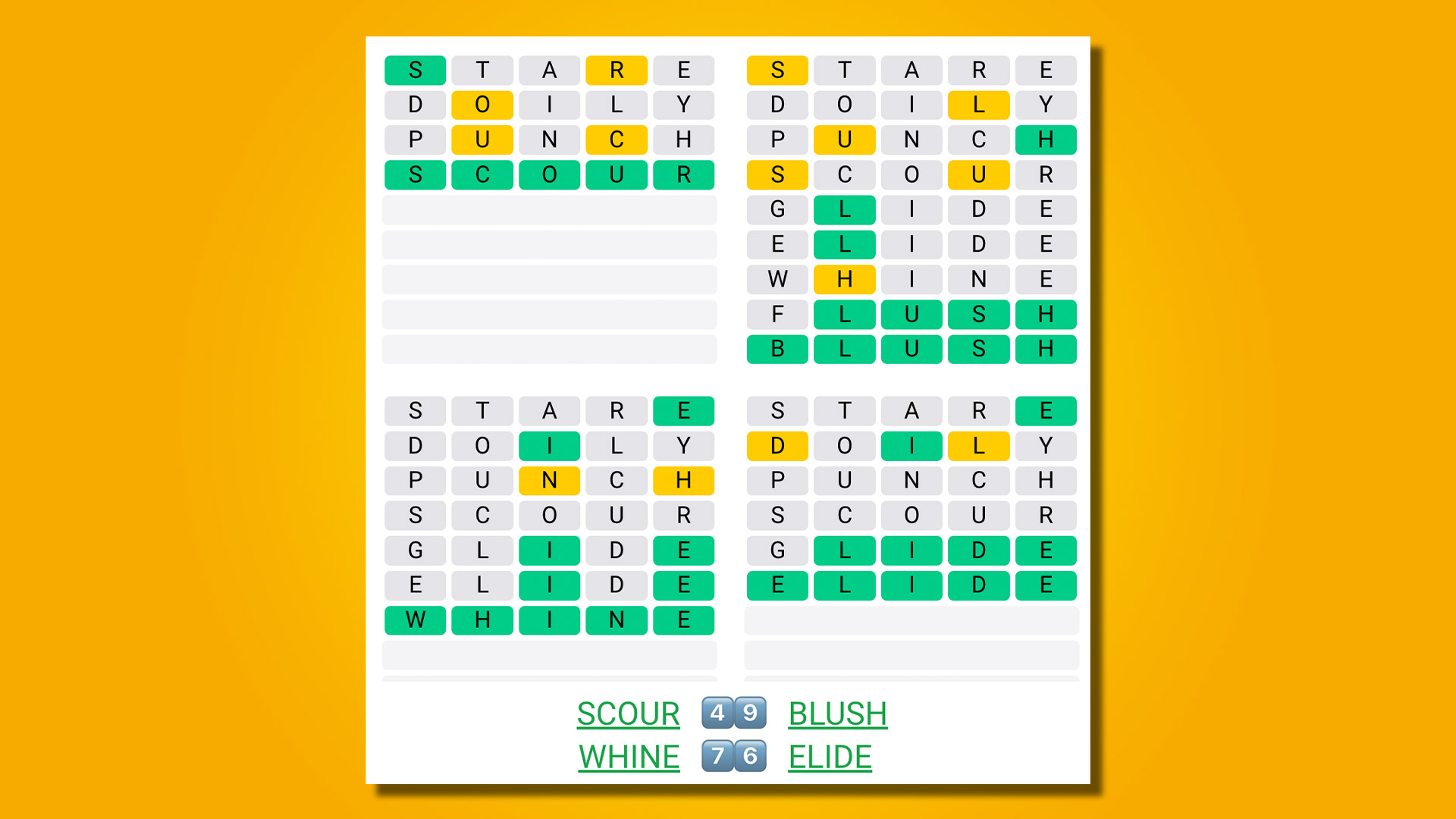 Quordle répond 460 sur fond jaune