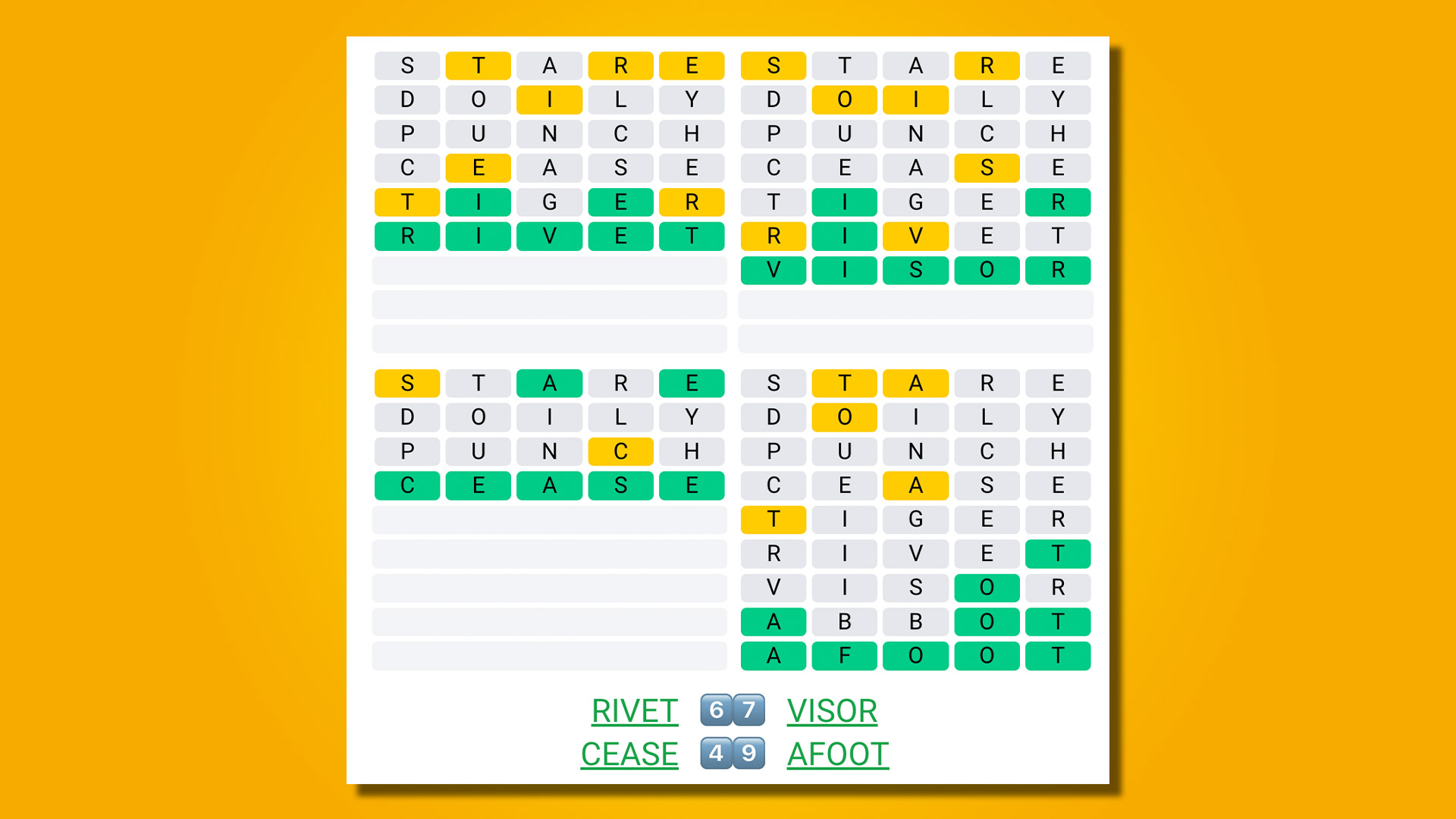 Quordle répond pour 438 sur fond jaune