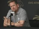 Les Raptors de Toronto ont tenu leur journée après le nettoyage des casiers de la saison alors que l'entraîneur-chef Nick Nurse parle de la saison et des plans à venir pour la saison prochaine à Toronto, en Ontario.  le jeudi 13 avril 2023. 