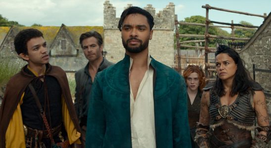 Justice Smith plays Simon, Chris Pine plays Edgin, Rege-Jean Page plays Xenk, Sophia Lillis plays Doric and Michelle Rodriguez plays Holga in Dungeons & Dragons: Honor Among Thieves