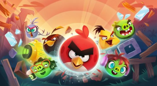 Key art for Angry Birds reloaded showing birds flying towards the screen.