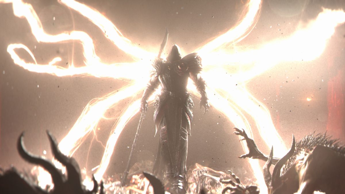 Diablo 4 — the rogue archangel Inarius spreads his spooky tendril wings, blinding nearby demons.