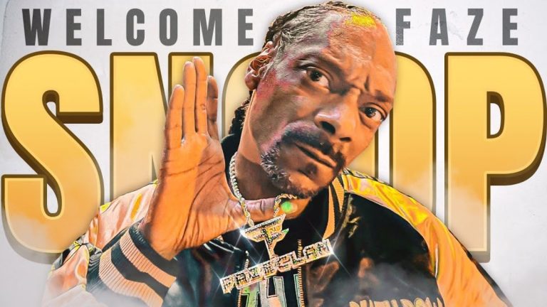 Snoop Dogg holds up a FaZe Clan necklace while posing in front of a sign reading 