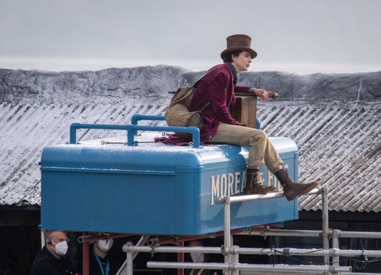 LYME REGIS, ENGLAND - OCTOBER 12: Timothée Chalamet is seen as Willy Wonka during filming for the Warner Bros and the Roald Dahl Story Company's upcoming movie 'Wonka' on October 12, 2021, in Lyme Regis, England. This film will focus on the young Willy Wonka on his earliest adventure and how he met the Oompa-Loompas. (Photo by Finnbarr Webster/Getty Images)