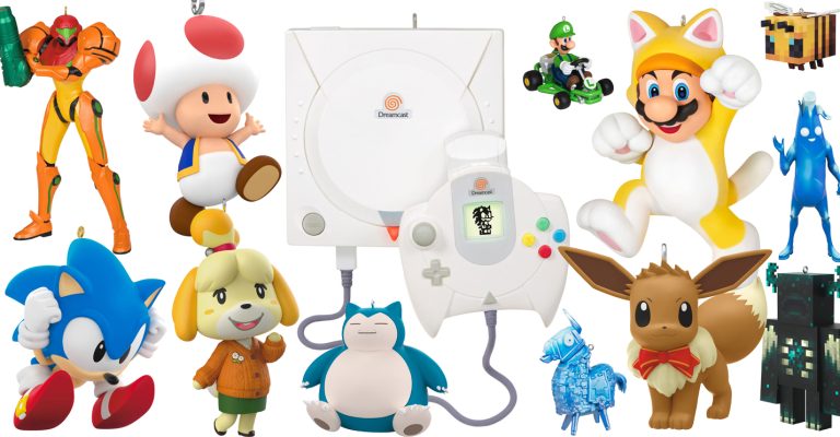 A list of all 2023 video games Hallmark Keepsake Ornaments, including Nintendo & Sega - Mario, Metroid, Animal Crossing, Pokémon, Sonic, Dreamcast, Fortnite, Minecraft