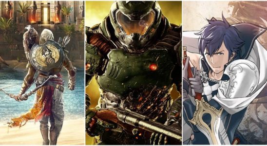 A split image showing Assassin's Creed Origins, Doom (2016), and Chrom in Fire Emblem Awakening.