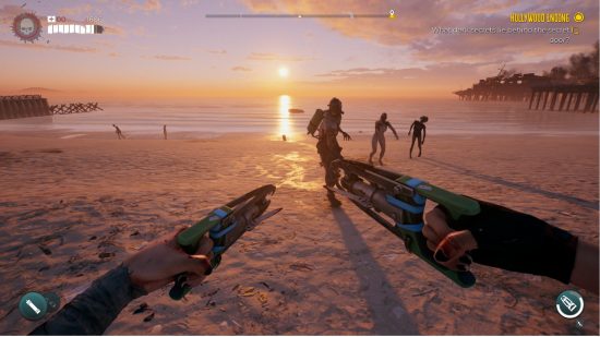 Nos astuces Dead Island 2 suggèrent d'augmenter le FOV pour voir plus de zombies, l'image montre une large vue sur la plage avec plusieurs zombies devant vous. 