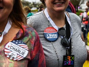 Les actionnaires portent les badges Warren Buffett et Charlie Munger lors de la journée des actionnaires de Berkshire Hathaway en 2022.