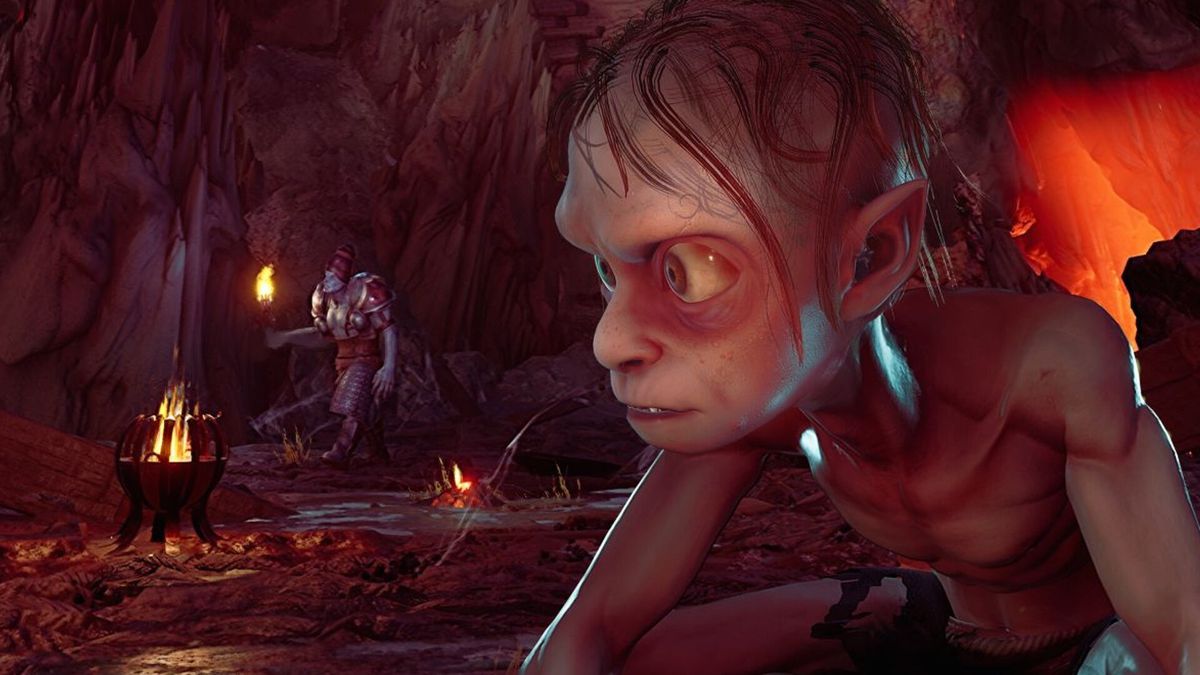 Gollum regarde autour d'un facteur orc dans le jeu Lord of the Rings: Gollum