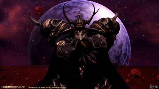 FFXIV 6.4 Live Letter 77 - une figure géante en armure lourde noire et dorée, les bras croisés, devant une planète violette géante