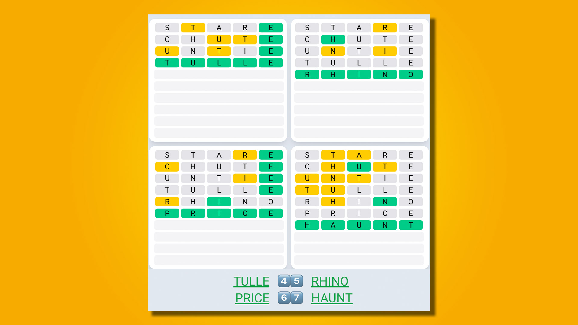 Réponses Quordle Daily Sequence pour le jeu 464 sur fond jaune