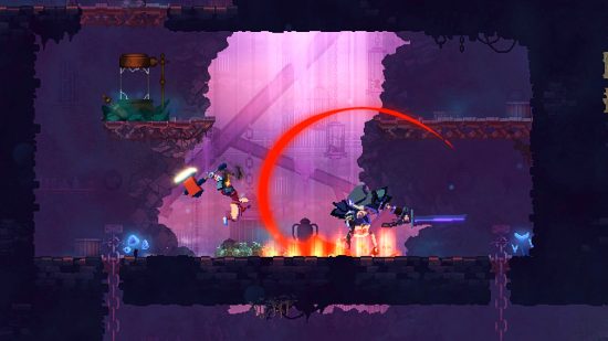 Dead Cells - le décapité bondit vers un ennemi en balançant un marteau au-dessus de sa tête