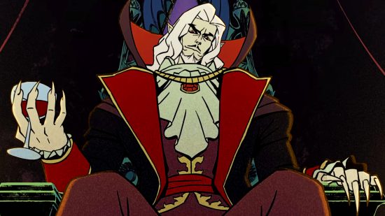 Dead Cells Return to Castlevania - Dracula regarde de son trône, berçant un verre de vin dans une main