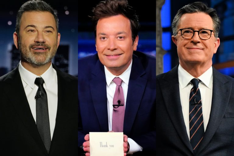 Late-night TV hosts Jimmy Kimmel, Jimmy Fallon, and Stephen Colbert