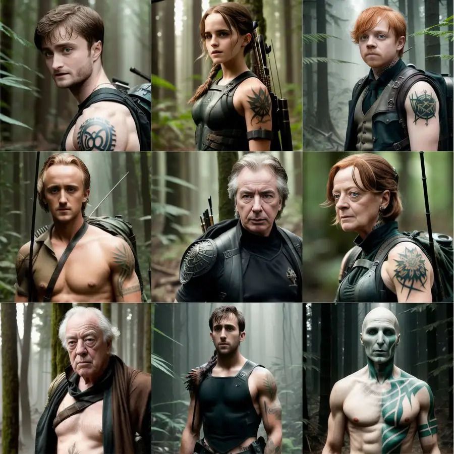 Une grille de neuf portraits de personnages de Harry Potter des films Warner Bros. (interprétés par Daniel Radcliffe, Emma Watson, Rupert Grint, Alan Rickman, etc.) avec des tatouages ​​au bras, en armure de cuir, portant des arcs et des flèches, et debout en plein air dans une forêt, le tout dans le style des films Hunger Games.  Cette image a été générée pour le concours Harry Potter Reimagined de Freelancer.com.