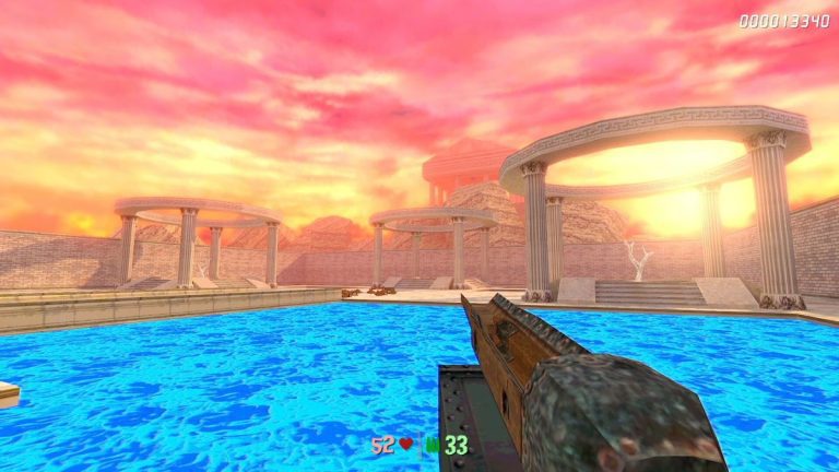 Chop Goblins gameplay of greek columns under sunset sky over pool of water