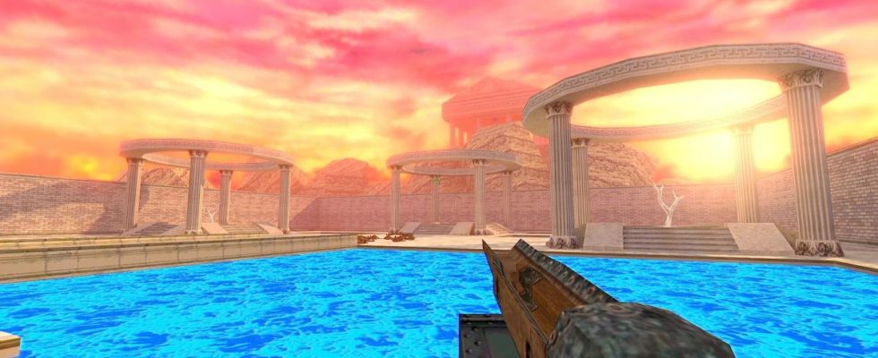 Chop Goblins gameplay of greek columns under sunset sky over pool of water