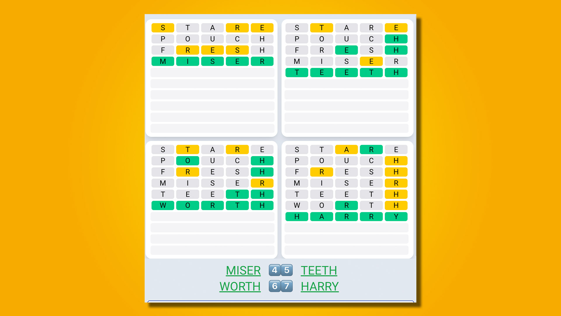 Quordle Daily Sequence répond à 468 sur fond jaune