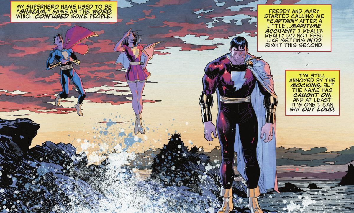 Les identités de super-héros de Freddy Freeman et Mary Bromfield flottent et se moquent de l'identité de super-héros trempée de Billy Batson se tenant au bord de la mer.  