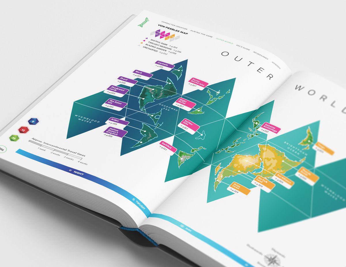 Une carte du monde rendue sous la forme d'un dé à 20 faces déplié.  De Break, un TTRPG inspiré de l'anime.