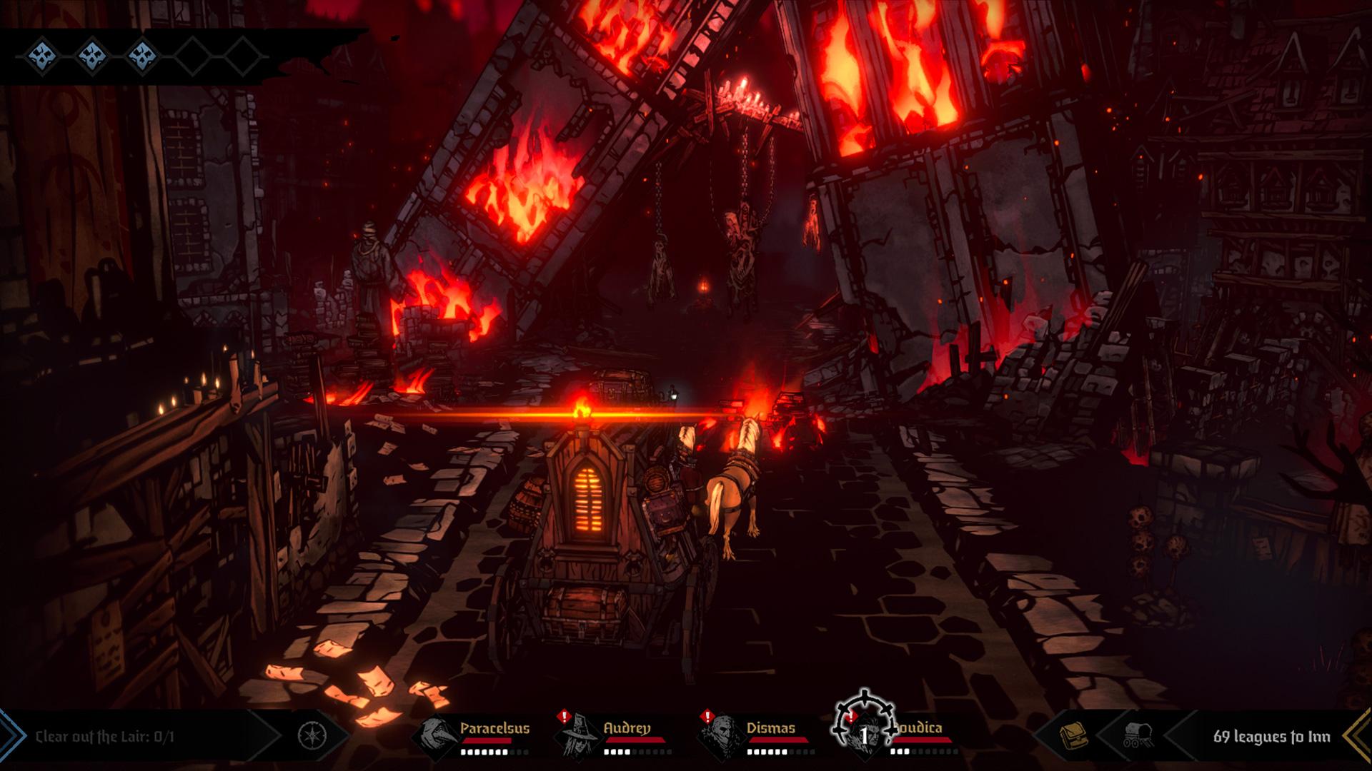 'Darkest Dungeon II' Stagecoach conduisant à travers une ville en feu.