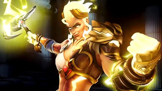 Notes de mise à jour Overwatch 2 - Junker Queen dans sa peau de Zeus, avec des cheveux dorés brillants et des éclairs crépitant de sa hache