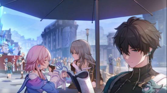 Revue Honkai Star Rail : le 3 mars et le Trailblazer conversent à une table pour un café en plein air à Belobog, le 3 mars sirotant sa boisson avec une paille tandis que Dan Heng est assis avec un livre.