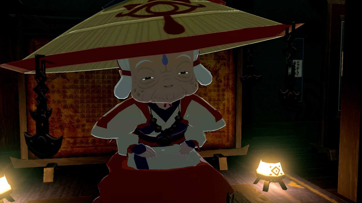 Impa, une vieille femme Sheikah, regarde sous son grand chapeau de paille dans Breath of the Wild