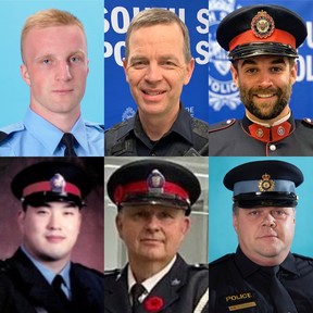 Six policiers en Ontario ont été tués dans l'exercice de leurs fonctions depuis le 19 novembre 2020. RANGÉE DU HAUT (de gauche à droite) : OPP Const.  Grzegorz Pierzchalar, Const. de police de Simcoe Sud.  Morgan Russell et Const. de police de Simcoe Sud.  Devon Northrup.  RANGÉE DU BAS (de gauche à droite) : Toronto Police Const.  Andrew Hong, agent de police de Toronto.  Jeffrey Northrup et const.  Marc Hovingh