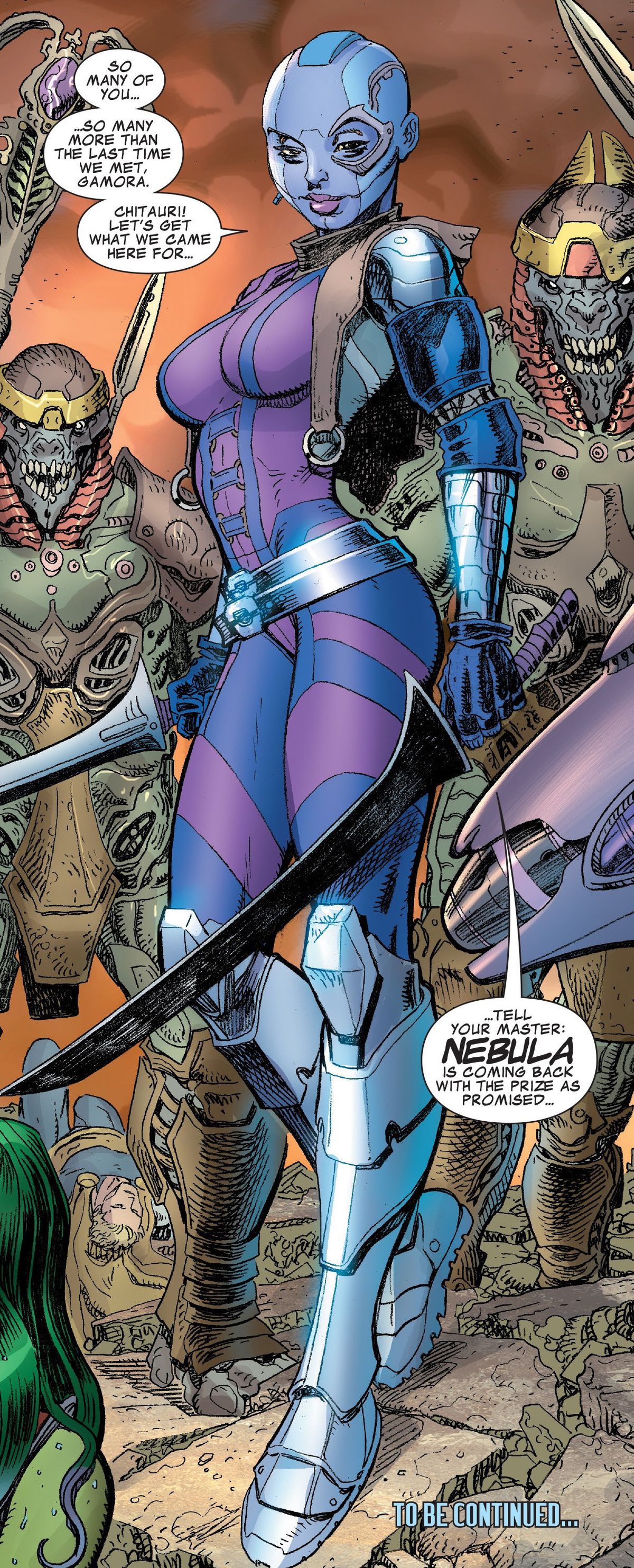 Nebula, tenant deux épées et ressemblant beaucoup à la version Karen Gillan d'elle dans Marvel Team-Up # 1 (2015).