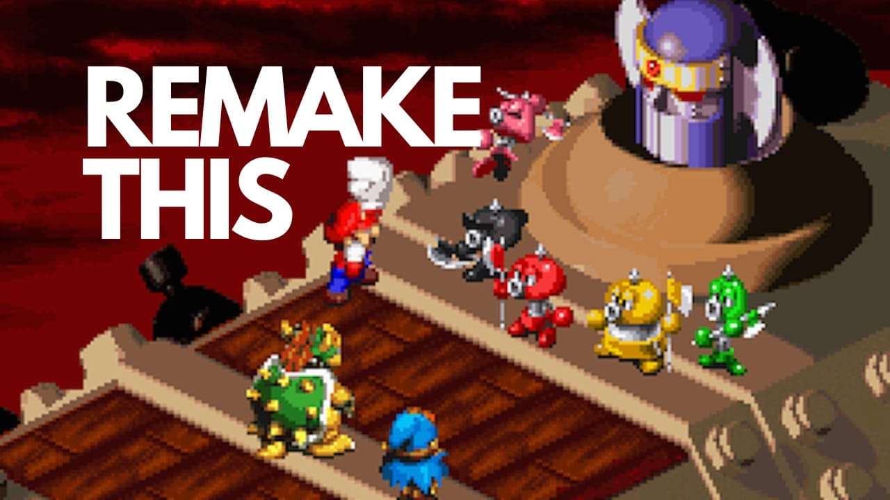 Super Mario RPG showing Mario with the words "remake this" on top