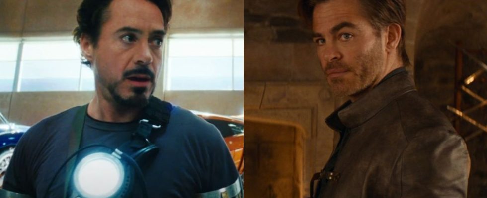 From left to right: Robert Downey Jr. in Iron Man and Chris Pine in Dungeons and Dragons: Honor Among Thieves.