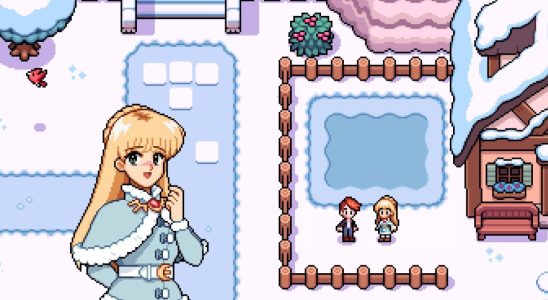 Fields of Mistria - a character with blonde hair and a furry coat stands in the snow talking to the player near a house