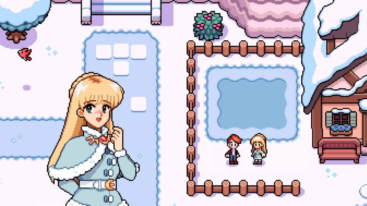 Fields of Mistria - a character with blonde hair and a furry coat stands in the snow talking to the player near a house