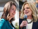 Danielle Smith et Rachel Notley à Calgary au début des élections provinciales de 2023 en Alberta le 1er mai.