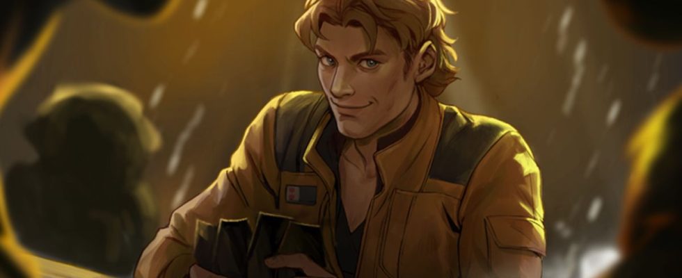 Artwork of Han Solo smirking from behind cards in Star Wars: Unlimited