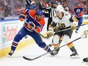   L'attaquant des Oilers Evander Kane, à gauche, était aux prises avec des blessures au deuxième tour contre les Golden Knights.  Laurent Scott/Getty Images