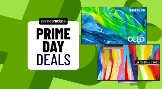 Prime Day TV deals 2023 hero image on green gamesradar background with Prime Day Deals stamp on the left and an LG C2 and Samsung SN5B featuring on the left