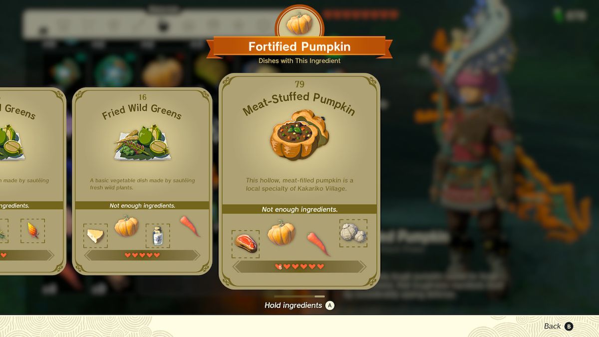 Fiches de recettes dans Zelda : Tears of the Kingdom.  Une recette est mise en avant pour les citrouilles farcies à la viande.