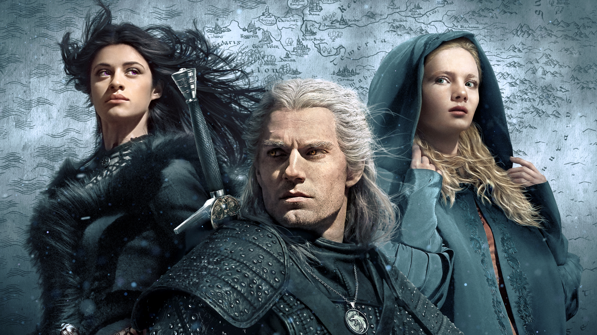 (De gauche à droite) Anya Chalotra comme Yennefer de Vengerberg, Henry Cavill comme Geralt de Riv et Freya Allan comme Ciri dans l'art du spectacle pour The Witcher