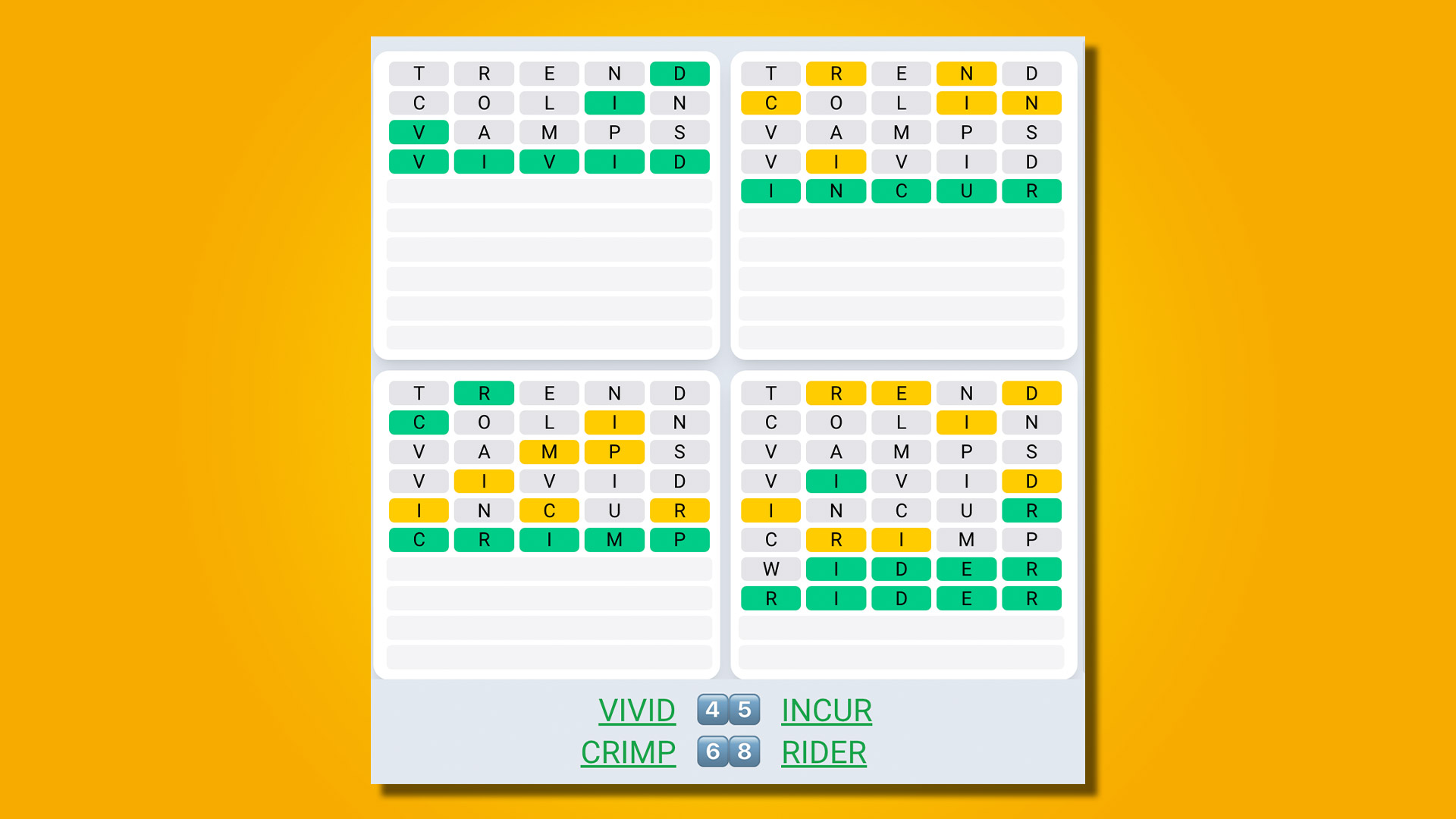 Réponses Quordle Daily Sequence pour le jeu 482 sur fond jaune