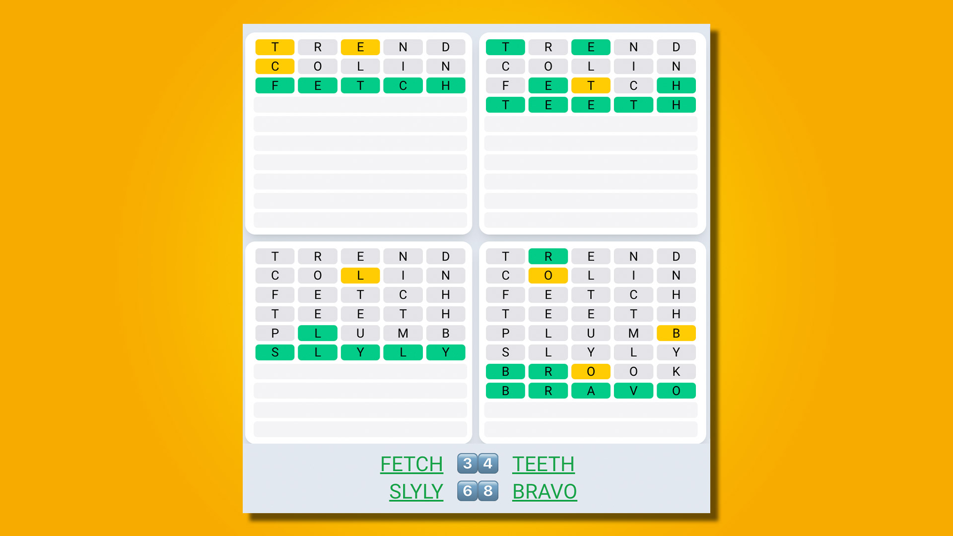 Réponse Quordle Daily Sequence pour le jeu 483 sur fond jaune