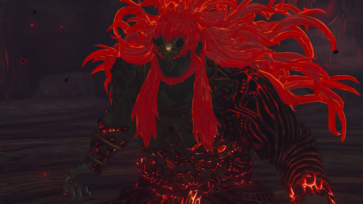 Ganondorf, souriant après avoir activé sa pierre secrète, lors de la deuxième étape du combat final contre le boss dans The Legend of Zelda : Tears of the Kingdom