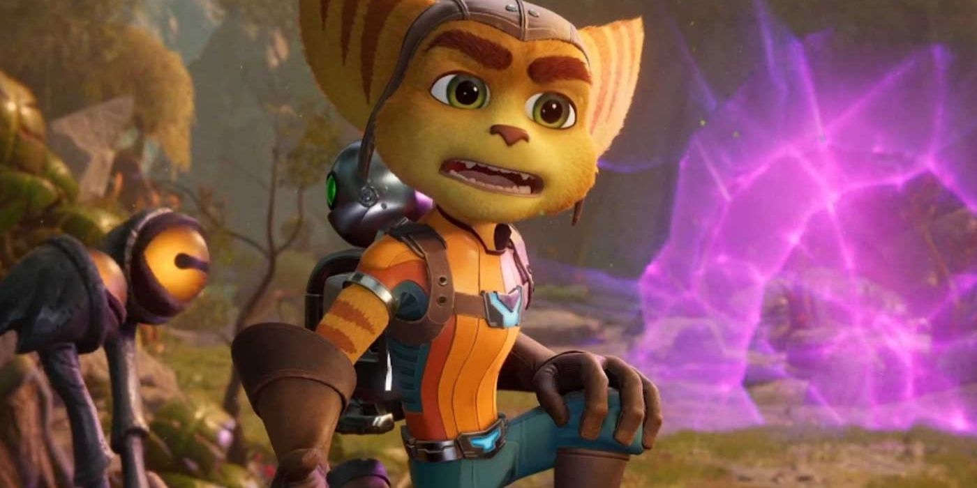 Ratchet parle devant de l'énergie violette dans Ratchet & Clank : Rift Apart.